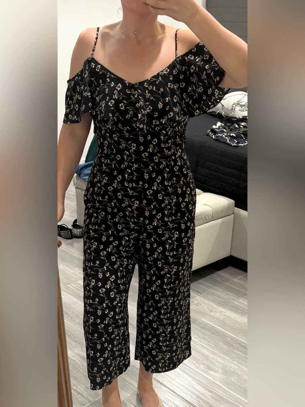 Xhilaration Black Floral Jumpsuit with White Botanical Print